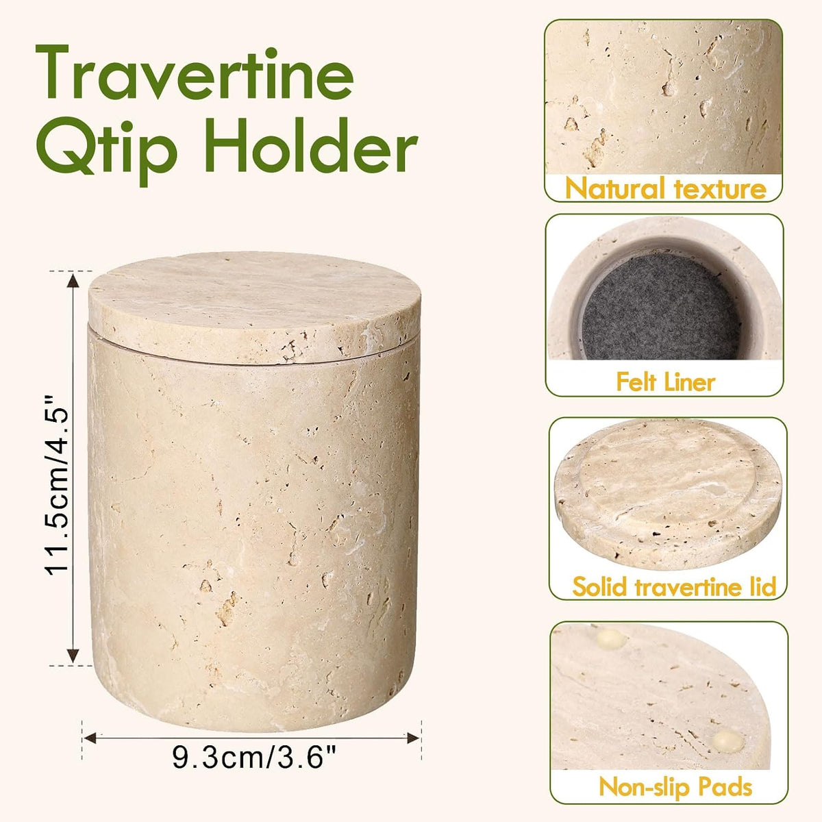 Travertine Qtip Holder with Lid Natural Bathroom Canister Storage