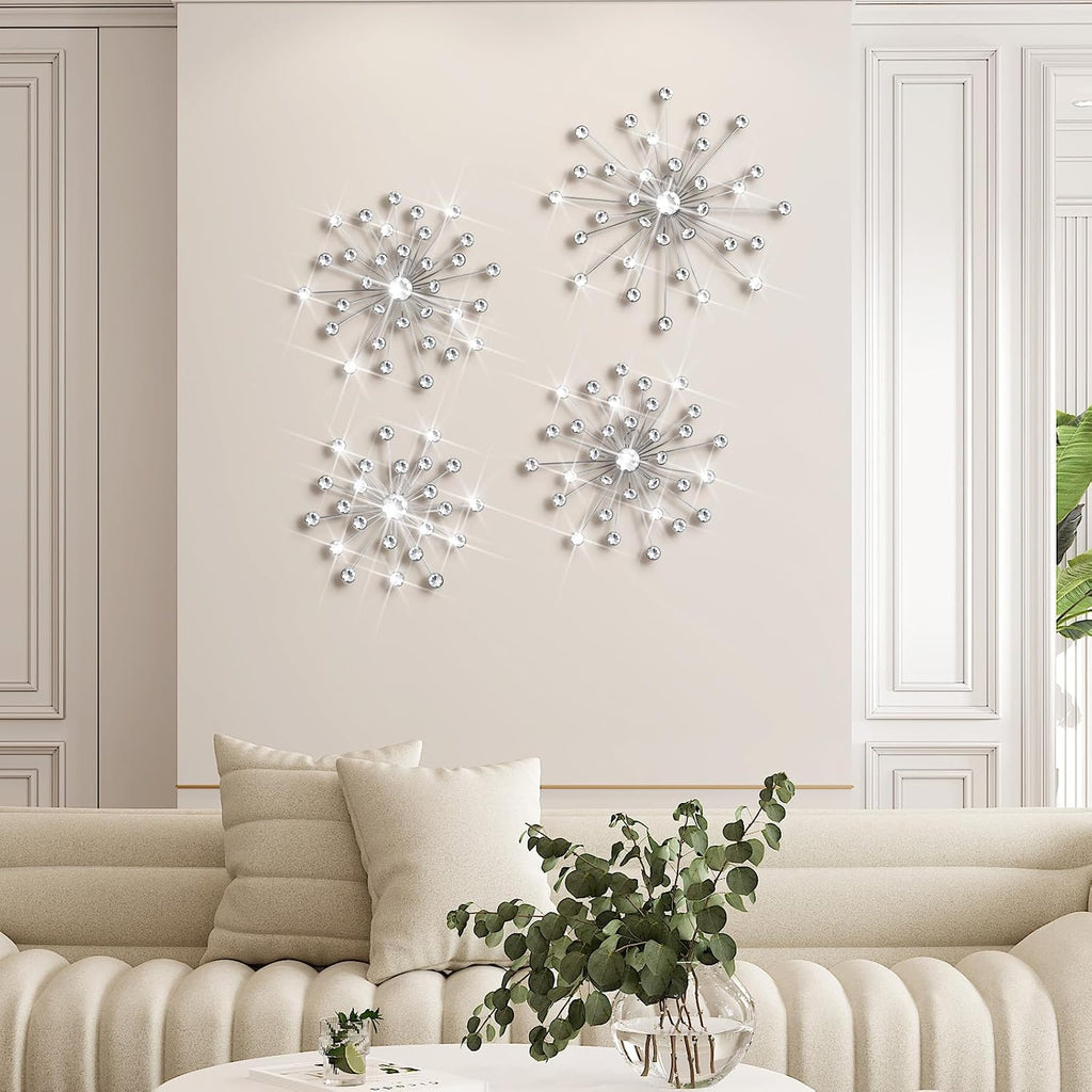 Funnymoom 4 Pcs Silver Starburst Wall Decor Metal Wall Art Rhinestone