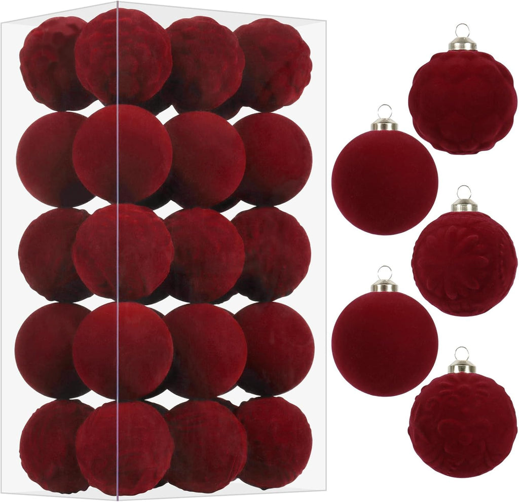 30PCS Burgundy Velvet Christmas Ball Ornaments for Xmas Tree Decorations