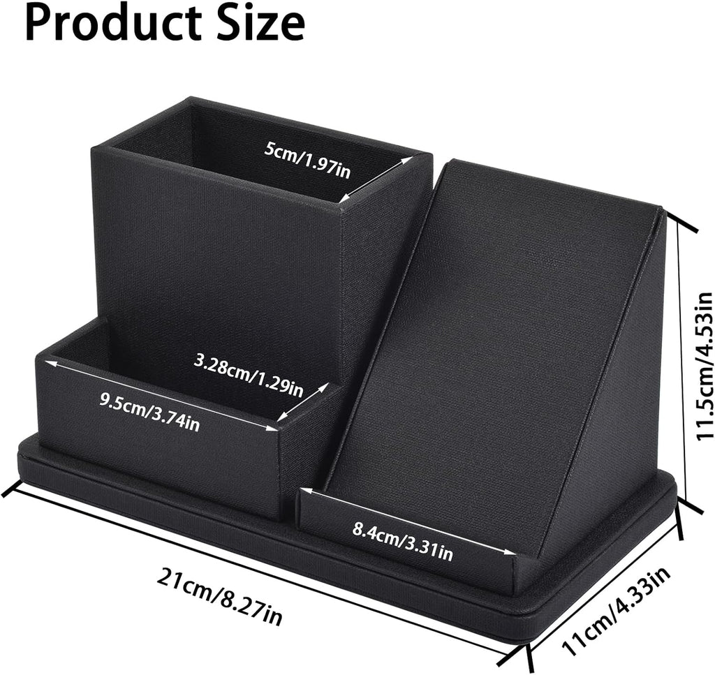 Pu Leather Desk Pen/Pencil Organizer Multi-Function Cell Phone/Remote Control Storage Box with 3 Compartments Office Supplies Sticky Note Tray Business Cards Holder,Black
