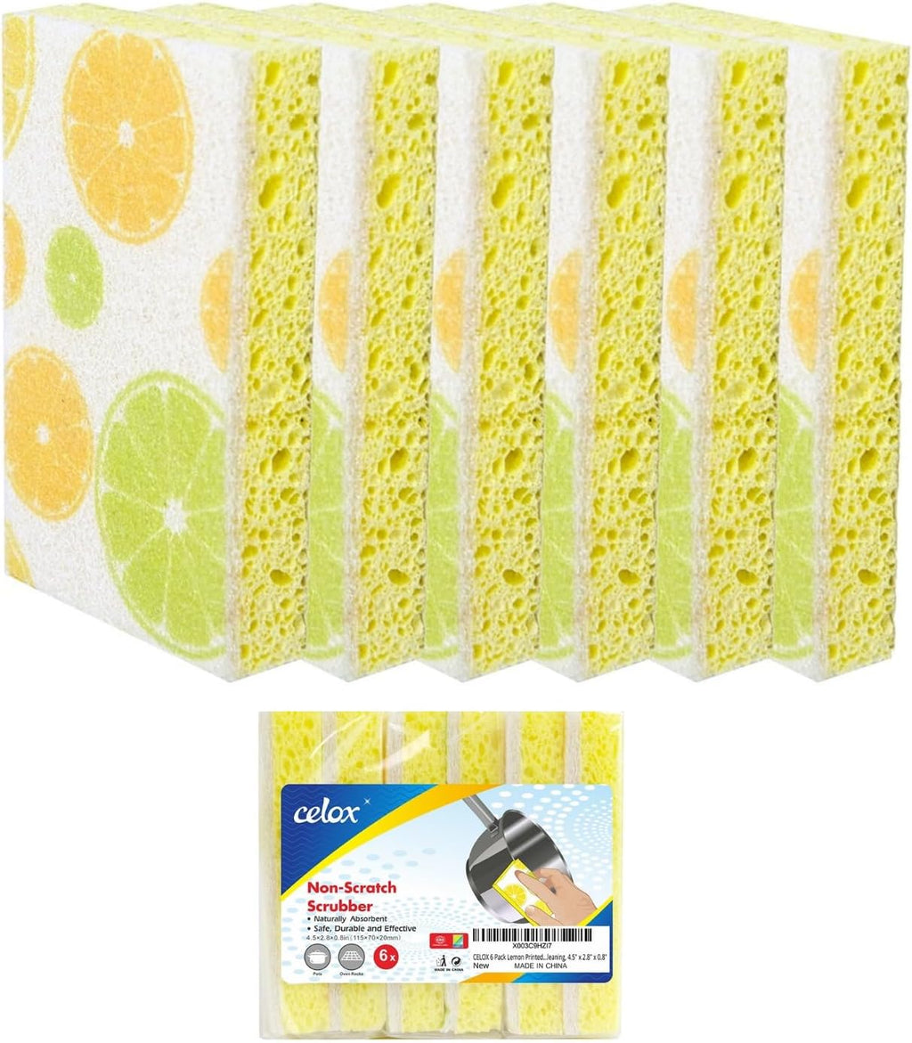 CELOX 6 Pack Dish Sponges, Non Scratch Sponge for Kitchen Cleaning, Lemon Printed Dual Sided Scrub Sponges