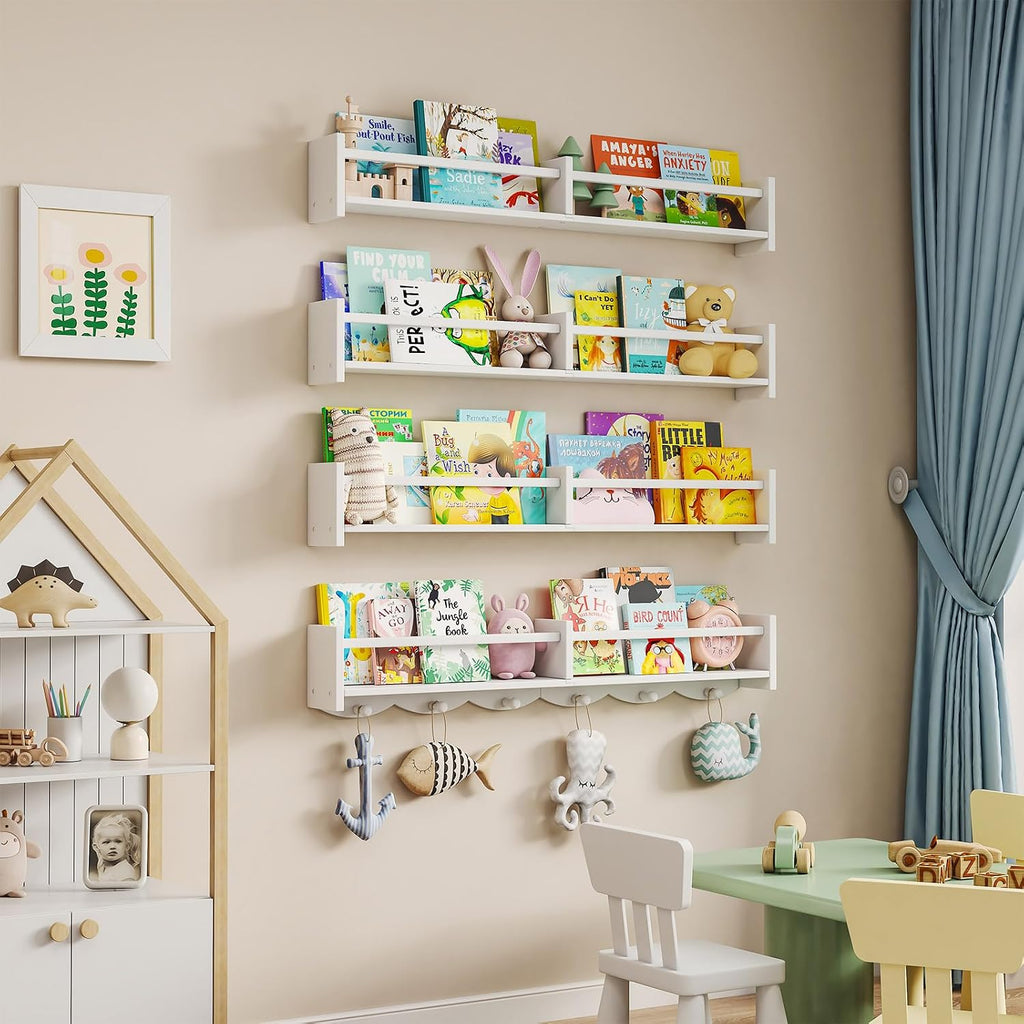 34Inch Nursery Bookshelves,Set of 4,Wall Floating Shelf Kids Coat Rack with 6Hooks,Hanging Book Shelf for Baby Nursery Room Décor ，Patent Number: 29958098(White, 34)
