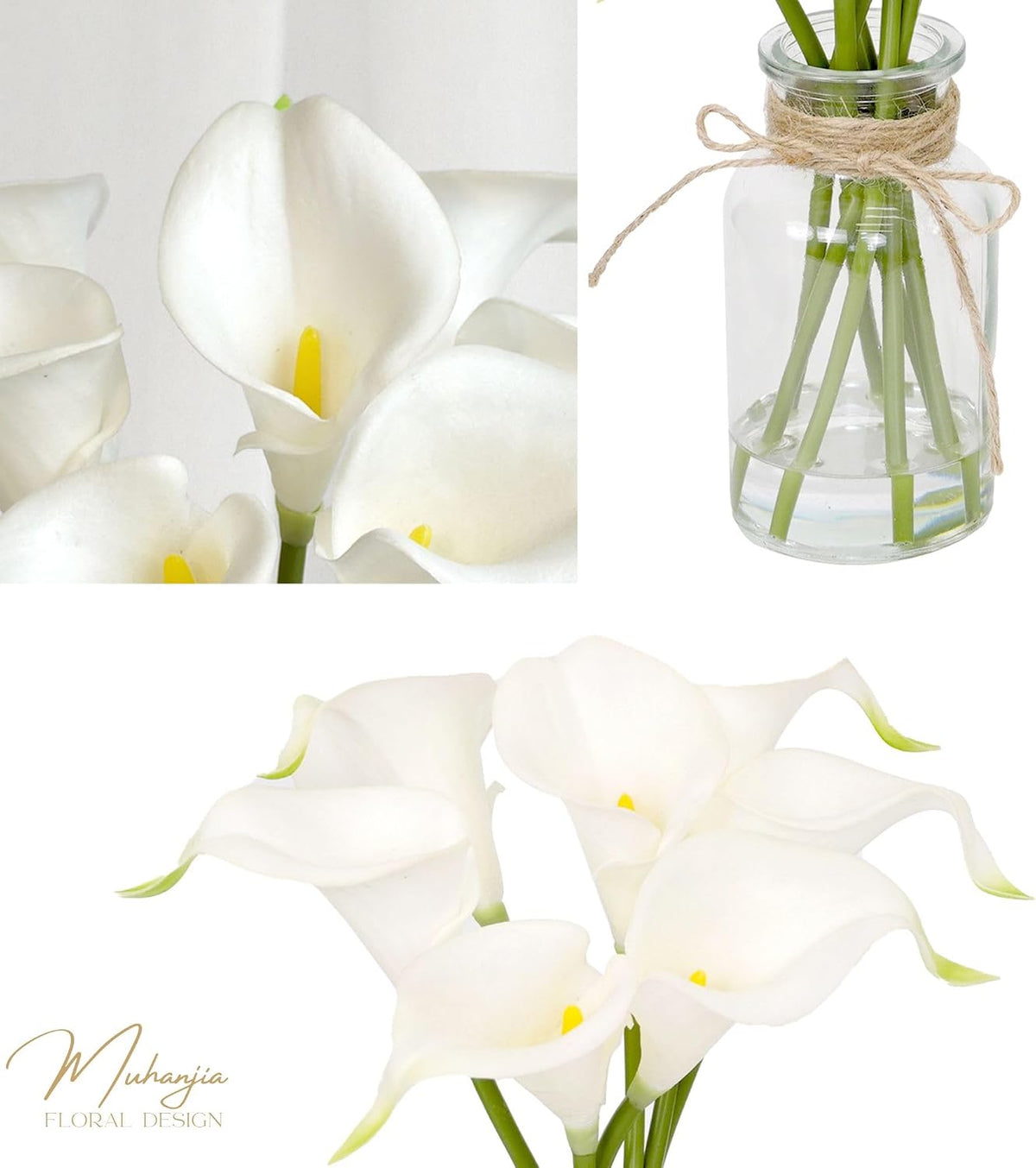 Muhanjia Artificial Flowers Calla Lily in Glass Vase with Faux Water,7Pcs Artificial Flower Real Touch Latex Flowers for Centerpiece Table Decorations Counter Decor(White Calla Lily)