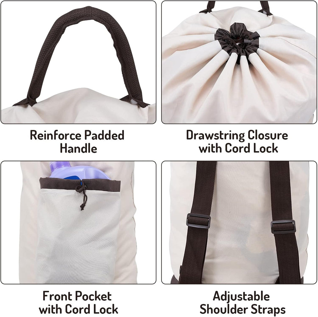 Seiritex Laundry Bag Backpack with Shoulder Straps and Detergent Holder Clothes, Travel Laundry Backpack Bag Hamper for College (Khaki w Brown)