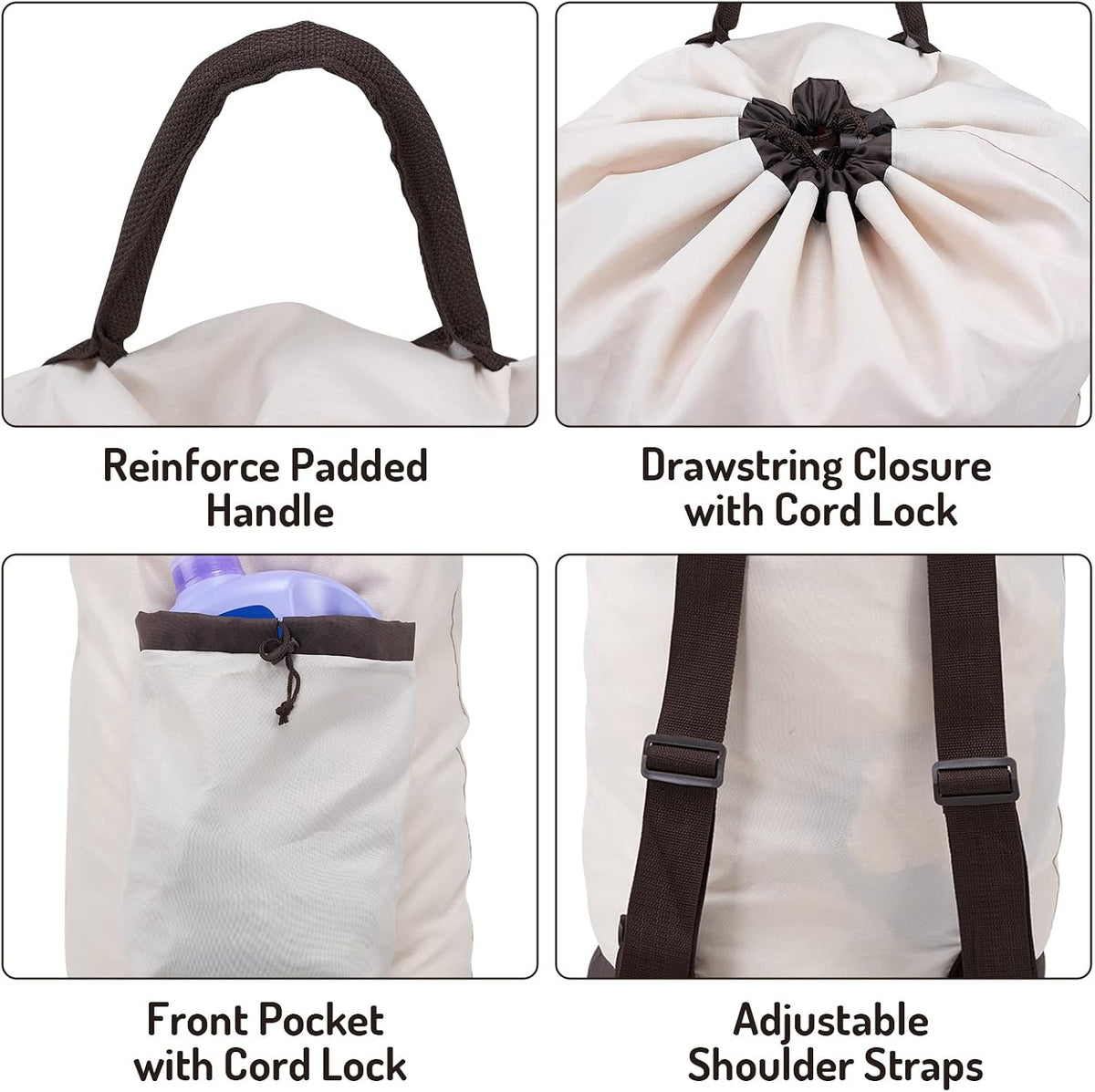 Seiritex Laundry Bag Backpack with Shoulder Straps and Detergent Holder Clothes, Travel Laundry Backpack Bag Hamper for College (Khaki w Brown)