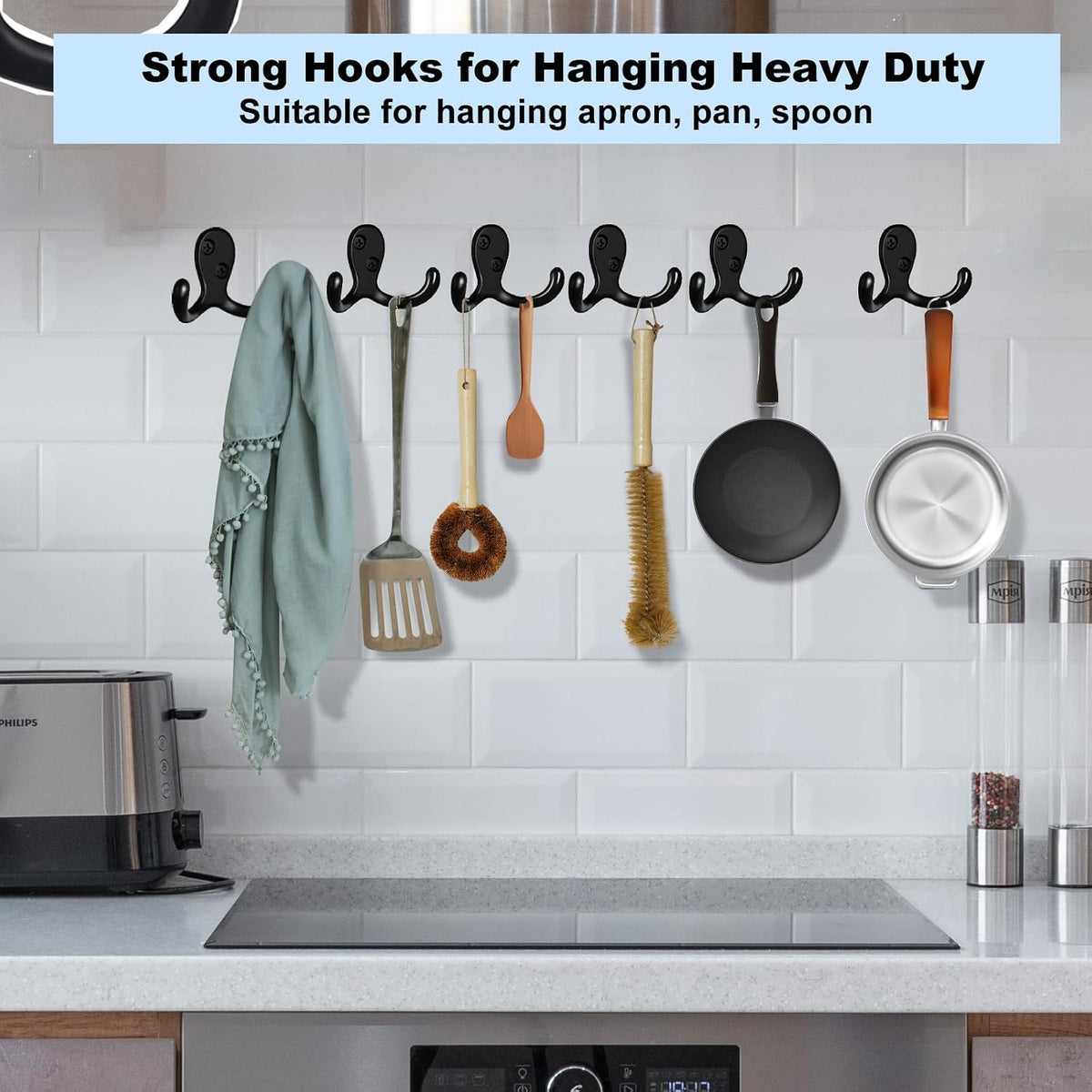 Kruodop 10 Pack Wall Hooks Wall Mounted Coat Hooks for Hanging Heavy Duty, Black Towel Hooks, Metal Double Coat Hanger with Screws Cup Retro for Coats, Handbags, Towels, Hat