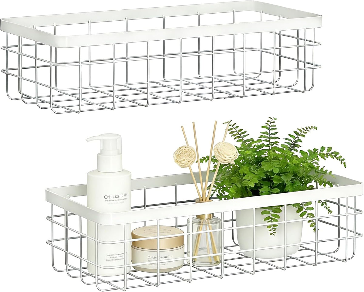 2 PCS Adhesive Wire Wall Baskets, Hanging Small Storage Organizer, White