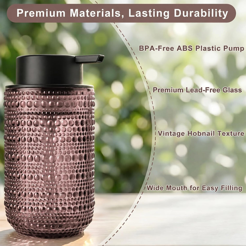 2 Pack Purple Glass Foaming Soap Dispenser, Vintage Foam Hand Soap Dispenser, 14 OZ Hobnail Texture Foam Dispenser with Black Pump for Bathroom, Kitchen, Refillable, Nordic Modern Farmhouse Decor