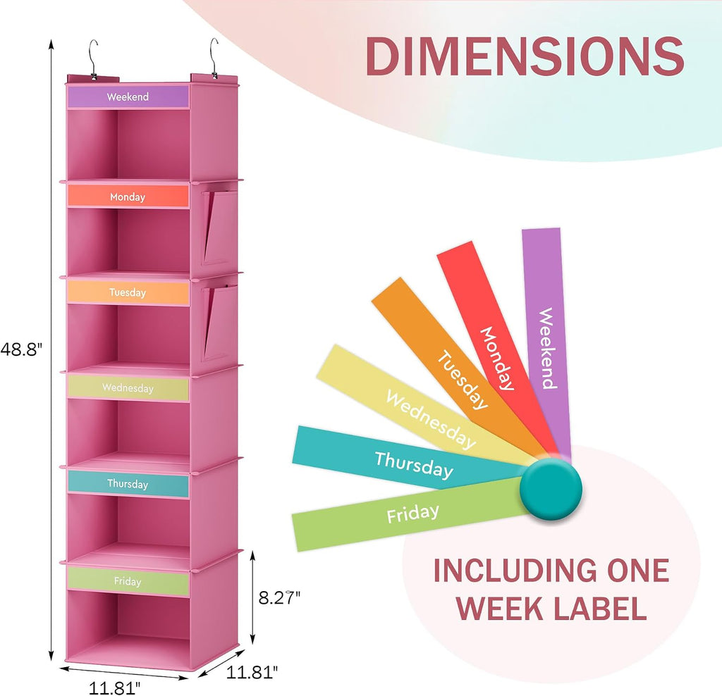 YOUDENOVA Weekly Clothes Organizer for Kids, Hanging Closet Organizer, Pink