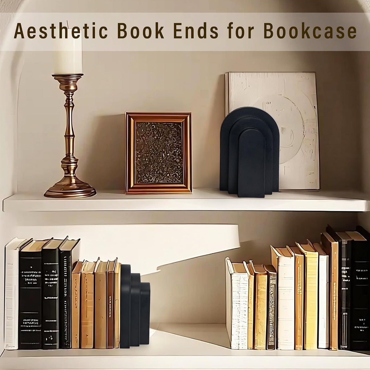 LIN CHUAN Heavy Duty Bookends for Shelves, Set of 2, Matte Black