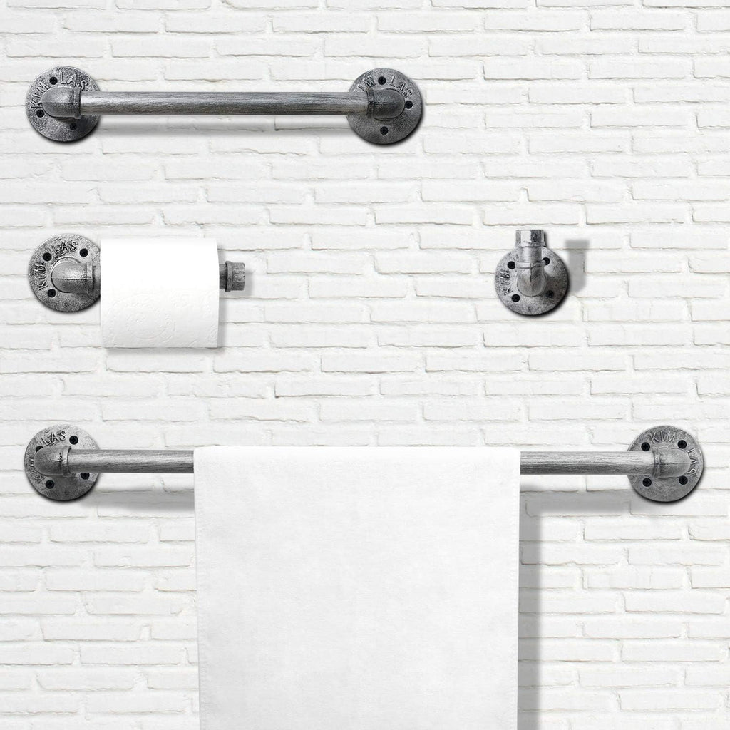 HouseAid 4-Pieces Industrial Pipe Towel Holder Set, Rustic Steel Towel Rack Kit, Farmhouse Vintage Style Towel Bar Accessories for Bathroom, Wall Mounted, Antique Silver
