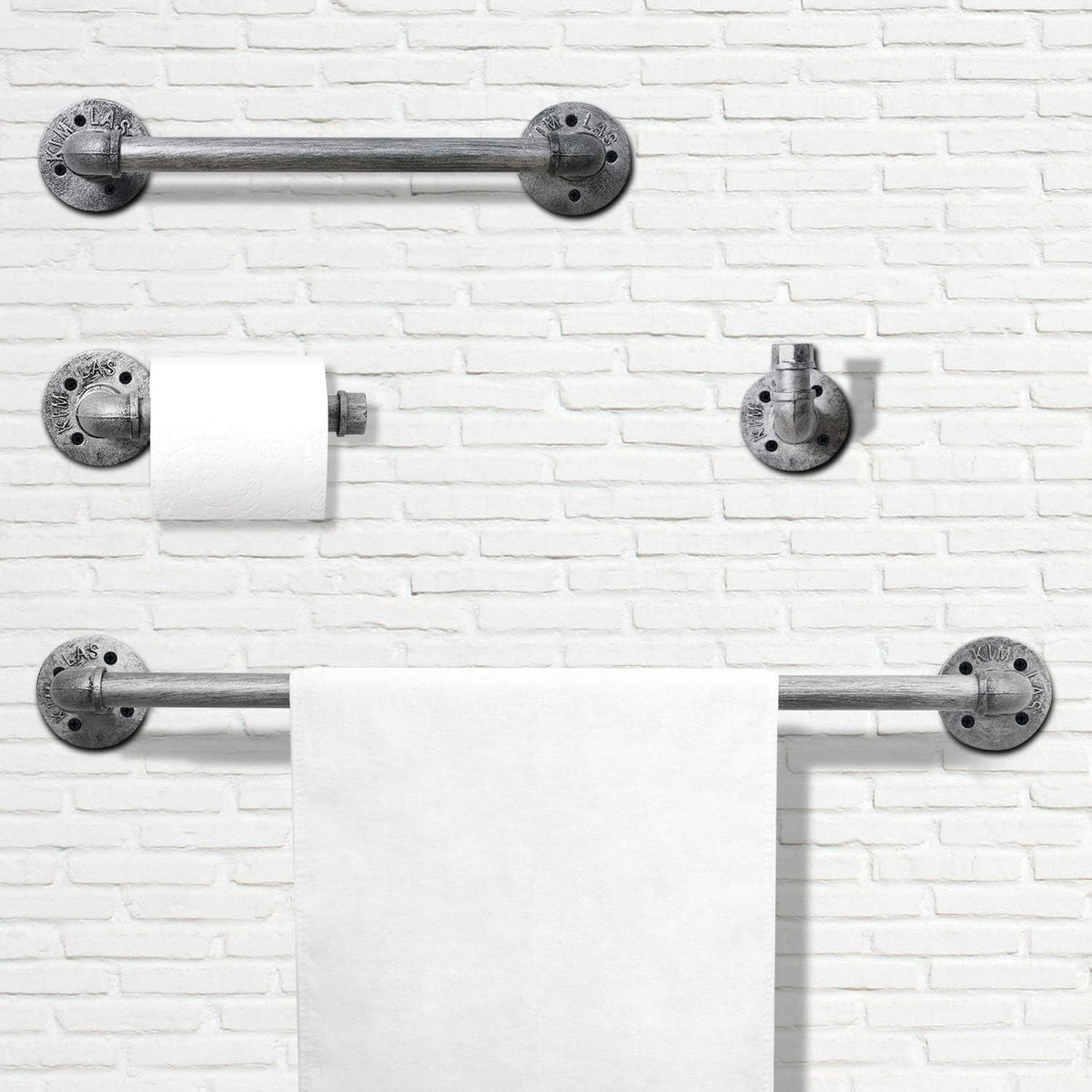 HouseAid 4-Pieces Industrial Pipe Towel Holder Set, Rustic Steel Towel Rack Kit, Farmhouse Vintage Style Towel Bar Accessories for Bathroom, Wall Mounted, Antique Silver