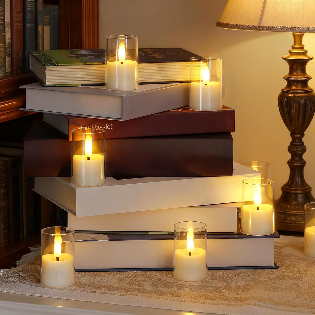 Yeelida 8pcs Battery Operated 1.7" x2.5" Clear Acrylic Remote LED Tea Lights, Flameless 2/4/6/8h Timer Fake Ivory Bulk Votive Candles with Batteries, Flickering Warm Light Pure Plastic Tealights