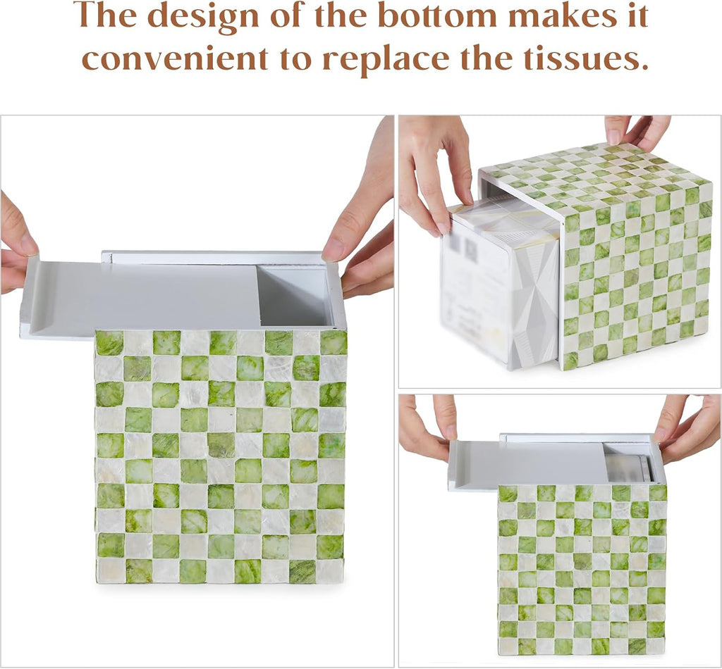 YANGQIHOME Capiz Shells Tissue Box Cover, Handmade Decorative Tissue Box Holder with Mother of Pearl, Square Facial Tissue Holder for Bathroom, Living Room, Kitchen, 5.5" x 5.5" x 5.9" (Green)