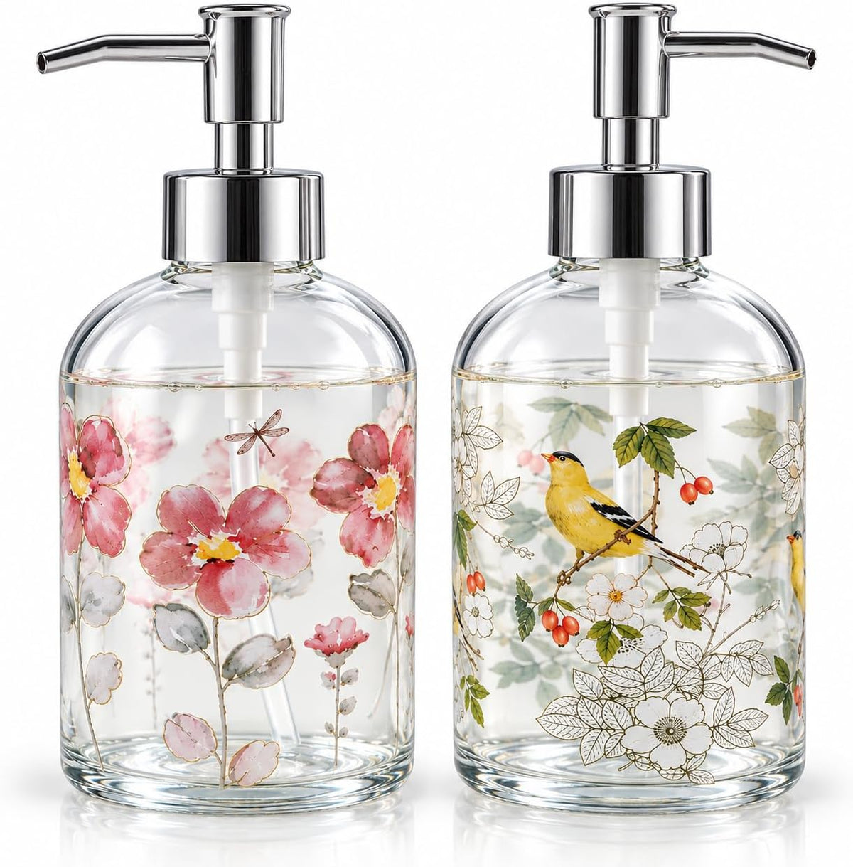 Topadorn 2 Pack 17oz Glass Soap Dispensers, Floral & Goldfinch Bird