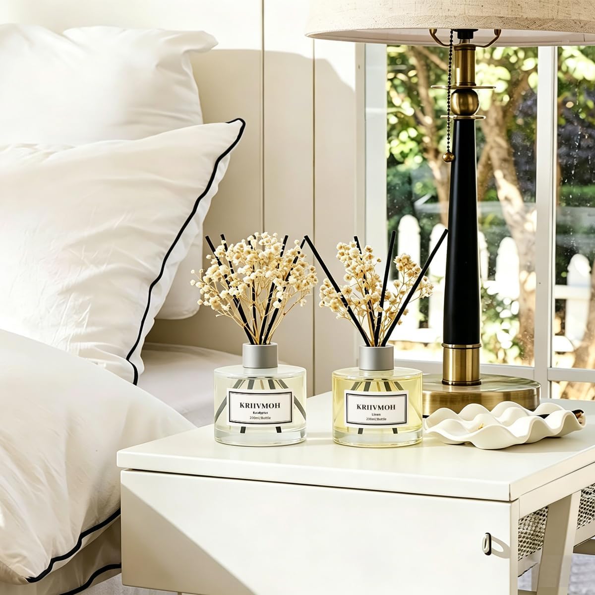 Reed Diffuser Set, 6.7 fl oz Eucalyptus Linen Scented Oil Diffuser with 8 Reed Sticks, Home Fragrance Reed Diffuser for Bathroom Shelf Decor 200ml