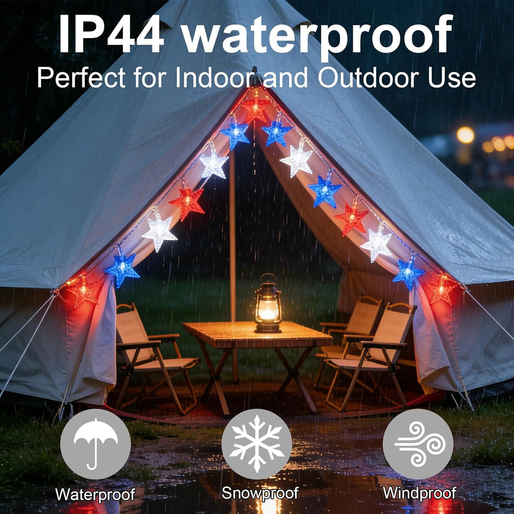 50 LED Patriotic Star String Lights 16FT with Clear Wire, Waterproof Battery Operated Box, 8 Lighting Modes, Perfect Patriotic Lights for National Day Holiday Garden Party Decor