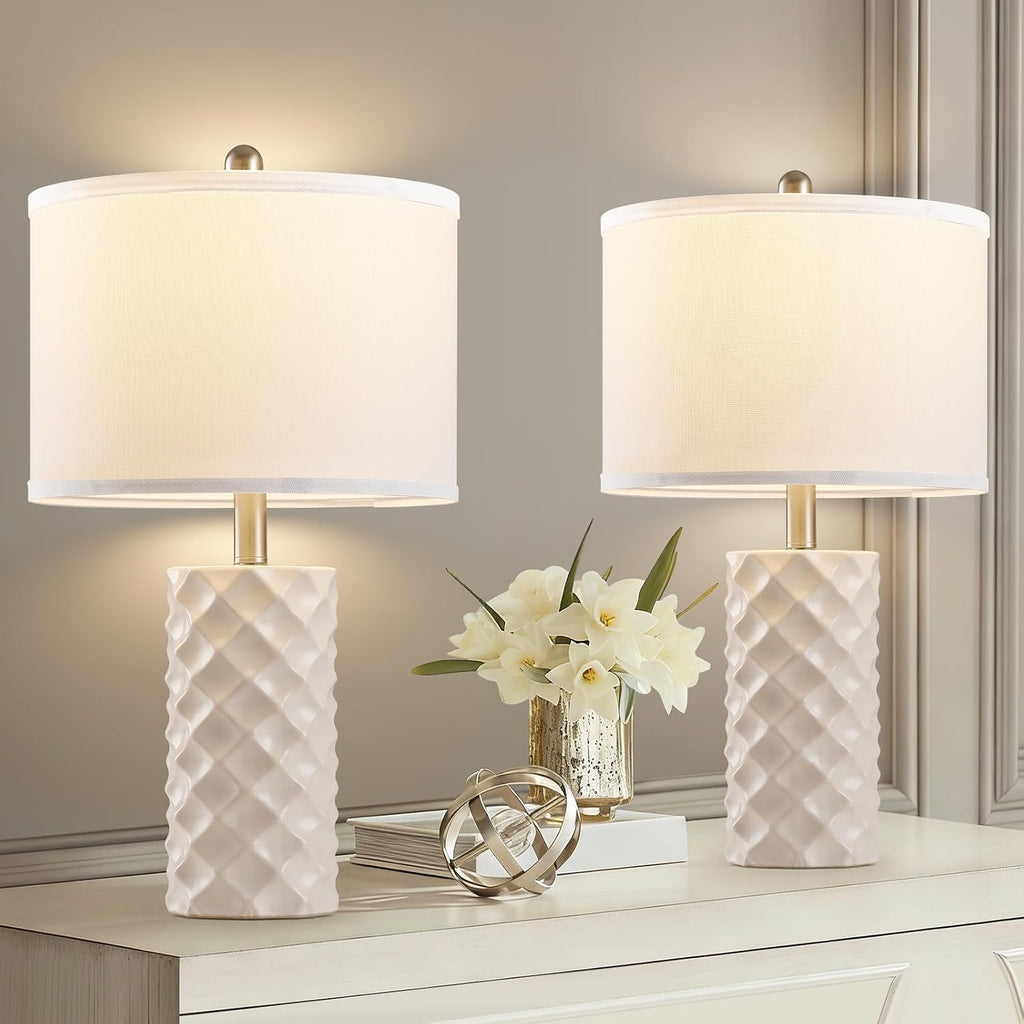 Star Diamond Ceramic Table Lamps Set of 2 - Beige Nightstand Lamps 23"