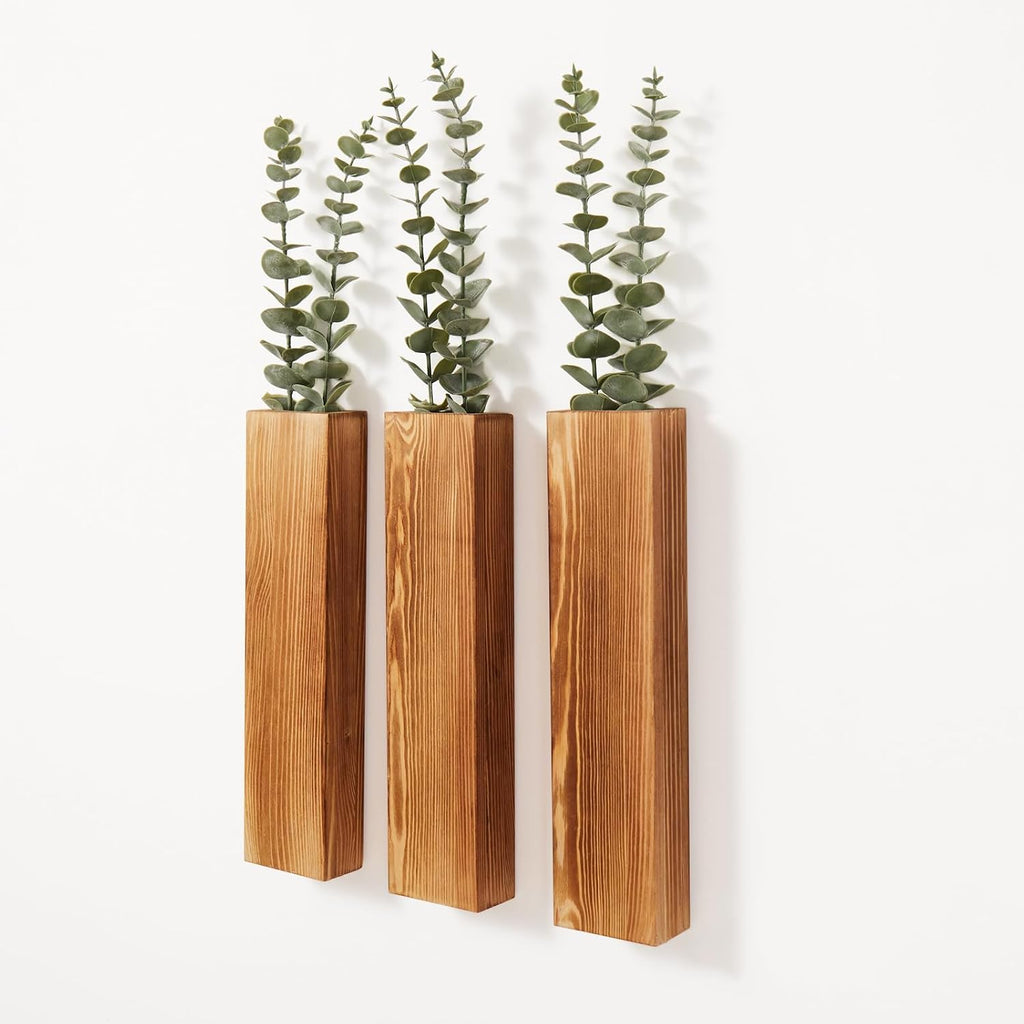 3 Pack Wood Wall Planters with Faux Eucalyptus Stems for Wall Decor