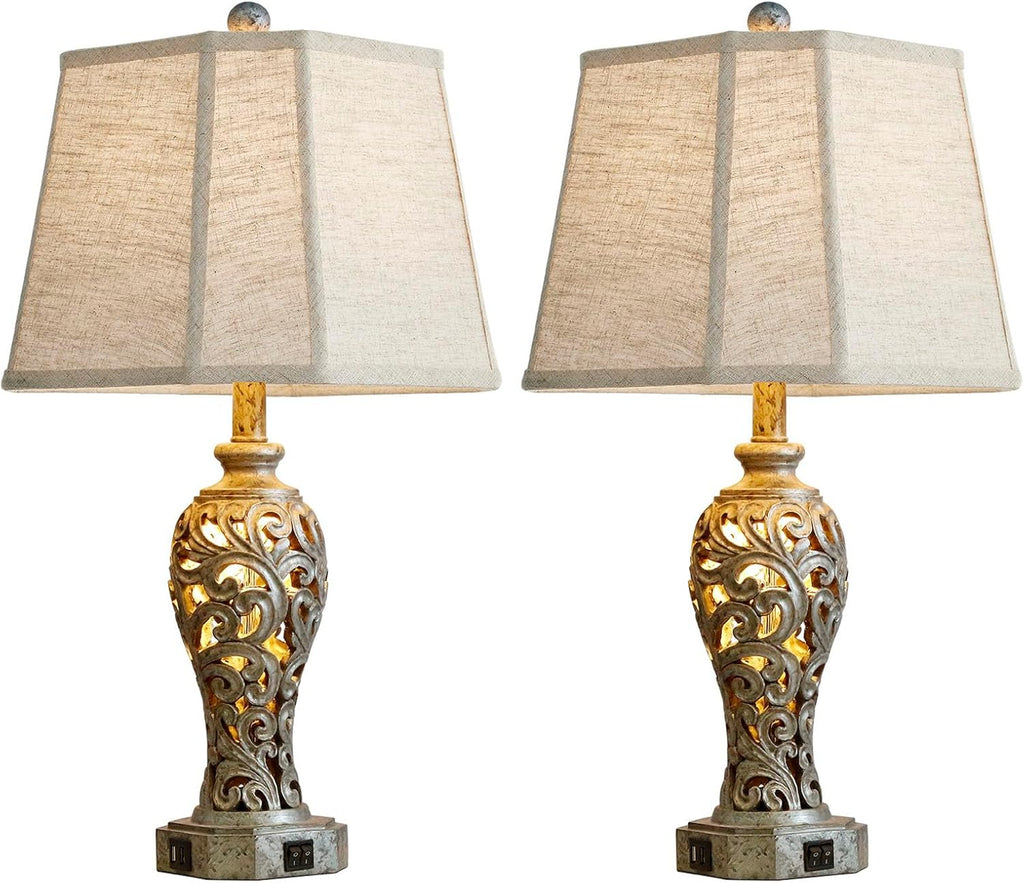 25' Vintage Table Lamps Set of 2 for Living Room with USB C+A