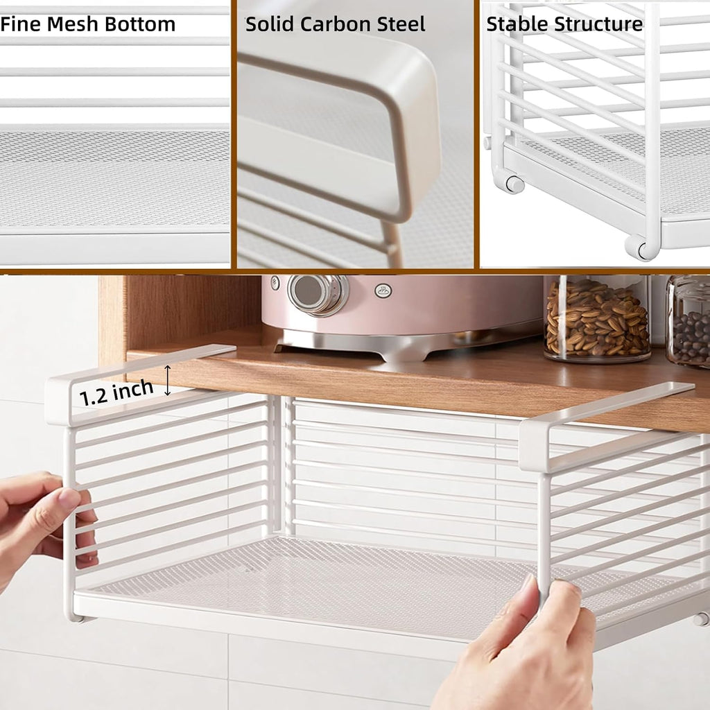 Under Cabinet Organizer, 12.2" Slide Out Storage Basket, Metal Wire Hanging Rack for Kitchen Pantry, Closet, Office, Bathroom, Space Saving White Metal Shelf, White-1 Pack