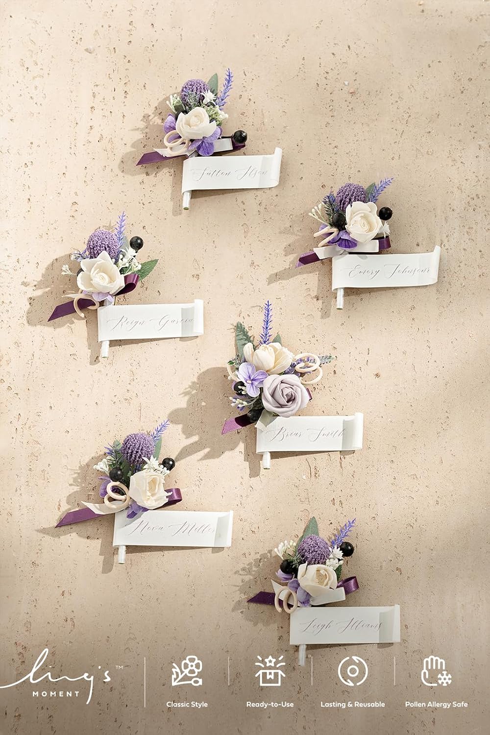 Ling's moment Boutonniere for Men, Purple Lavender Lilac, 6pcs