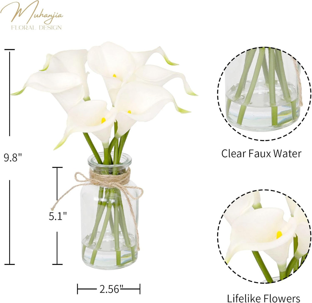 Muhanjia Artificial Flowers Calla Lily in Glass Vase with Faux Water,7Pcs Artificial Flower Real Touch Latex Flowers for Centerpiece Table Decorations Counter Decor(White Calla Lily)