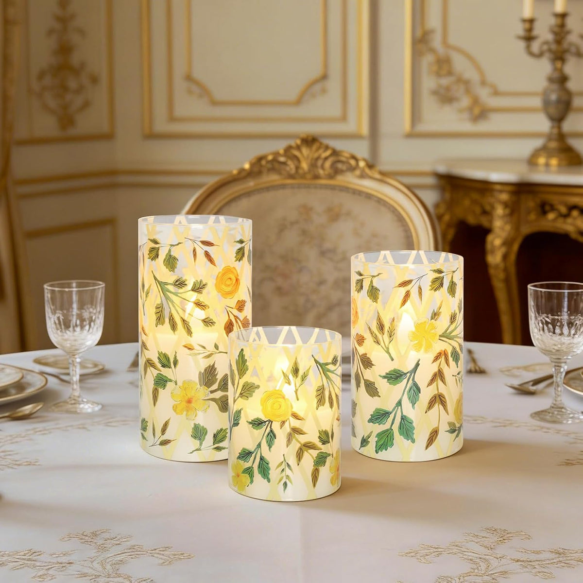 Yellow Glass Flameless Candles with Remote Vintage Rose LED Pillar Candles Battery Operated Timer & Dimmable Candle Light Rustic Farmhouse Decor for Room Wedding Table Centerpiece, 3 Pack