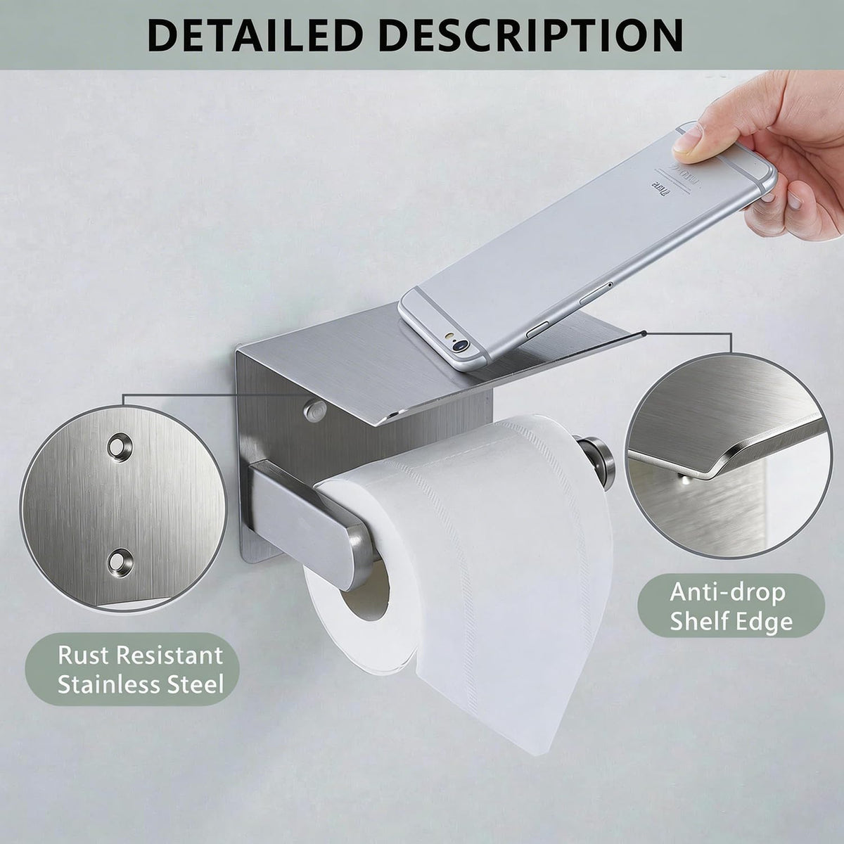 Toilet Paper Holder with Shelf, Heavy-Duty Stainless Steel Bathroom Hardware, Self-Adhesive No-Drill/Drill-Mount Wall-Mounted Roll Holder, Rust-Proof Bathroom Tissue Rack(Brushed Nickel)