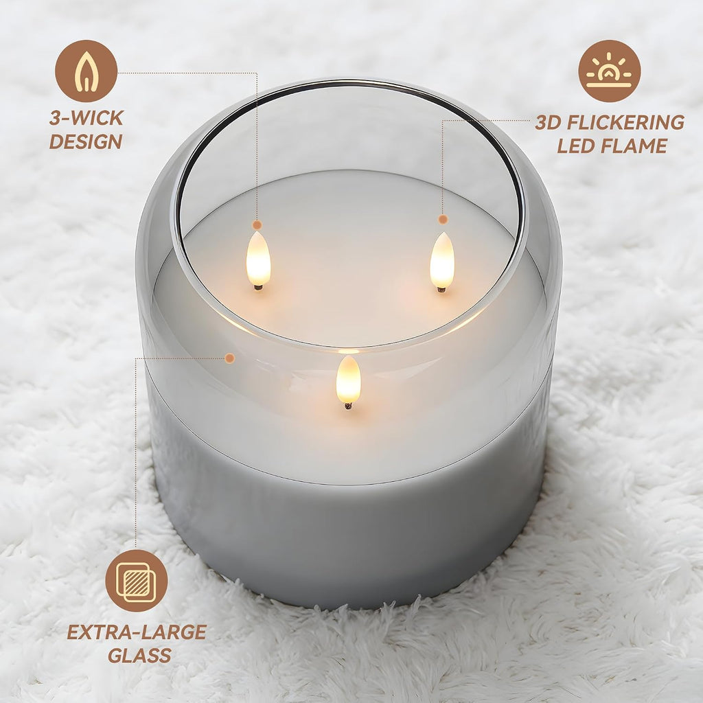 3 Wick Flameless Candle with Remote, Gray Glass, Wax, Battery Operated LED