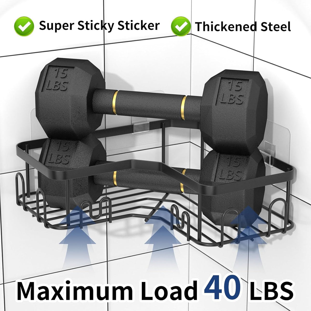 Menbyci 3 Pack Corner Shower Caddy, Adhesive Bathroom Shelves with 18 Hooks, Drill-Free & Quick-Dry Shower Organizer with Large Capacity, Rustproof Stainless Steel Bathroom Corner Storage Rack, Black