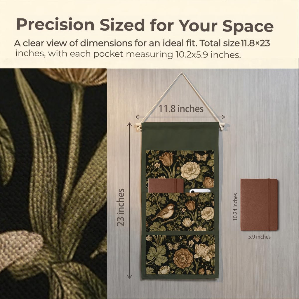 IAXIC Dark Tone Bird Tulip Floral Canvas Wall Hanging Organizer with Pocket