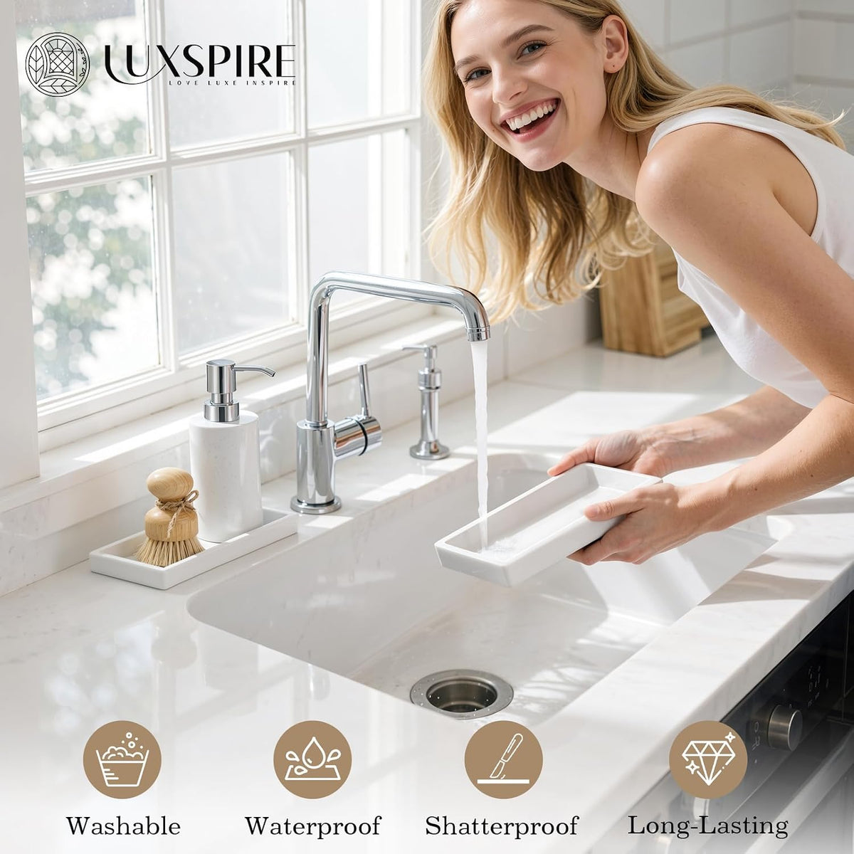 Luxspire 2 Pack Silicone Bathroom Tray 7.9" Vanity Tray, White