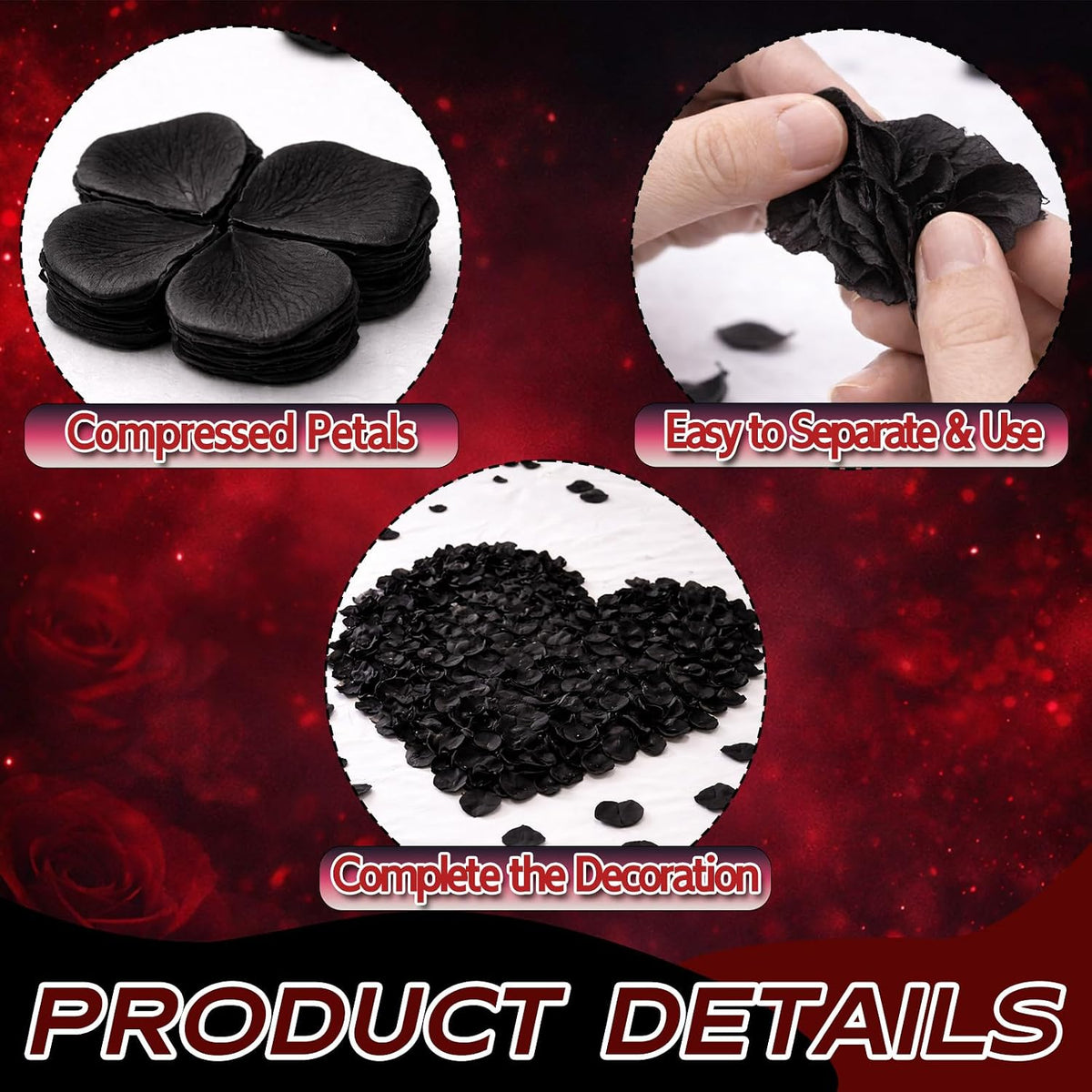 3000 Pcs Rose Petals Artificial Flowers Silk Petals Table Scatters for Romantic Special Night Decorations, Weddings, Valentine's Day, Proposals, Anniversaries, Bridal Showers Party Decor (Black)