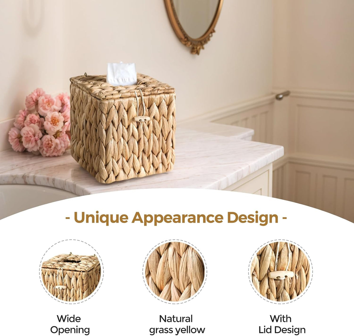 Rattan Tissue Box Cover with Lid, Wicker Tissue Box Holder Square