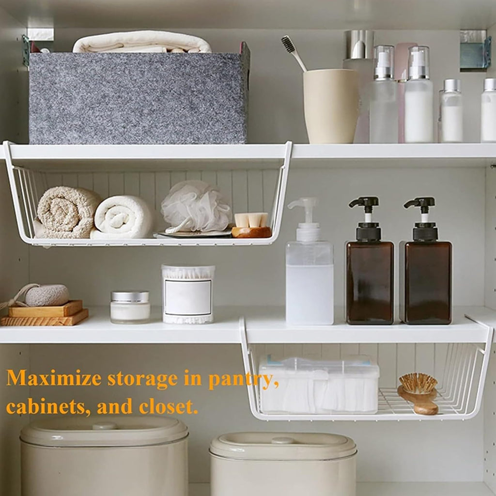 Tebery 4 Pack White Under Shelf Wire Basket Hanging Storage Baskets, Under Cabinet Add-on Storage Racks Slide-in Baskets Organizer for Kitchen Pantry Desk Bookshelf