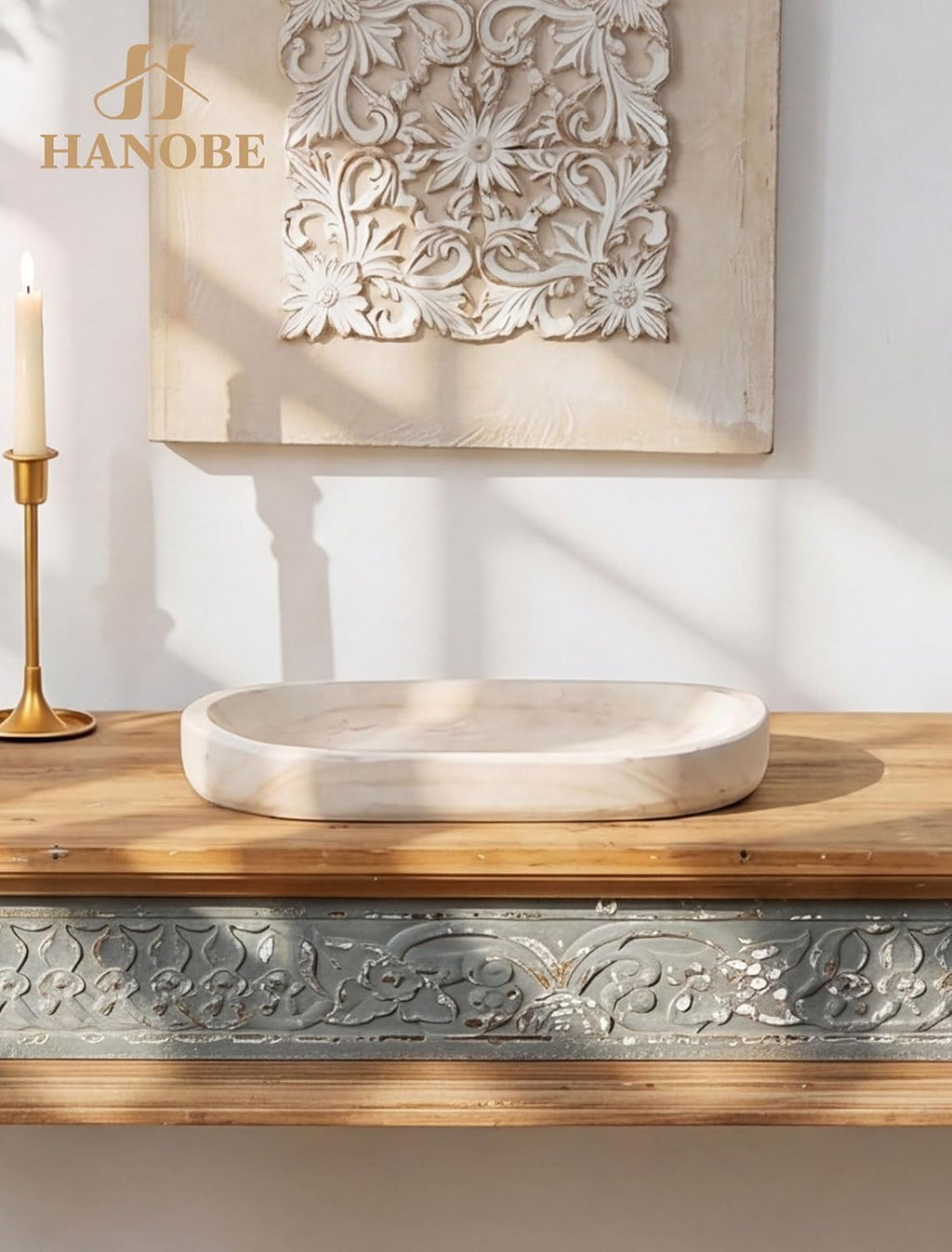 Hanobe Wooden Decorative Key Bowl for Coffee Table Decor, Rustic White