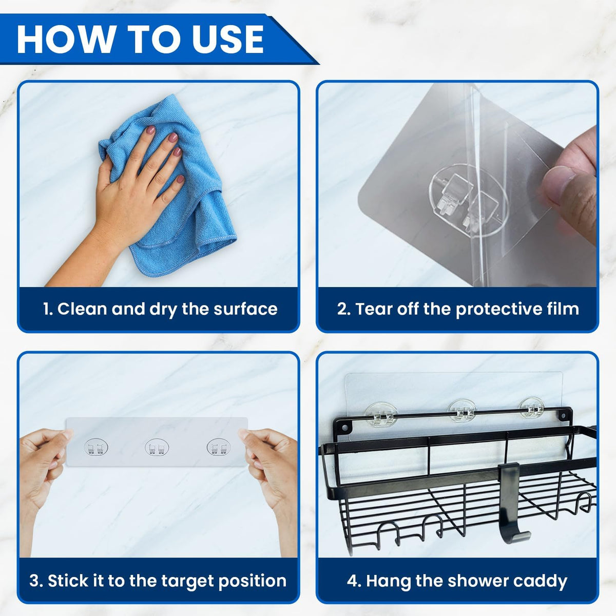 2 Pcs Shower Caddy Adhesive Replacement | Adhesive Bathroom Shower Shelves Replacement | Drill-Free Resilient Transparent