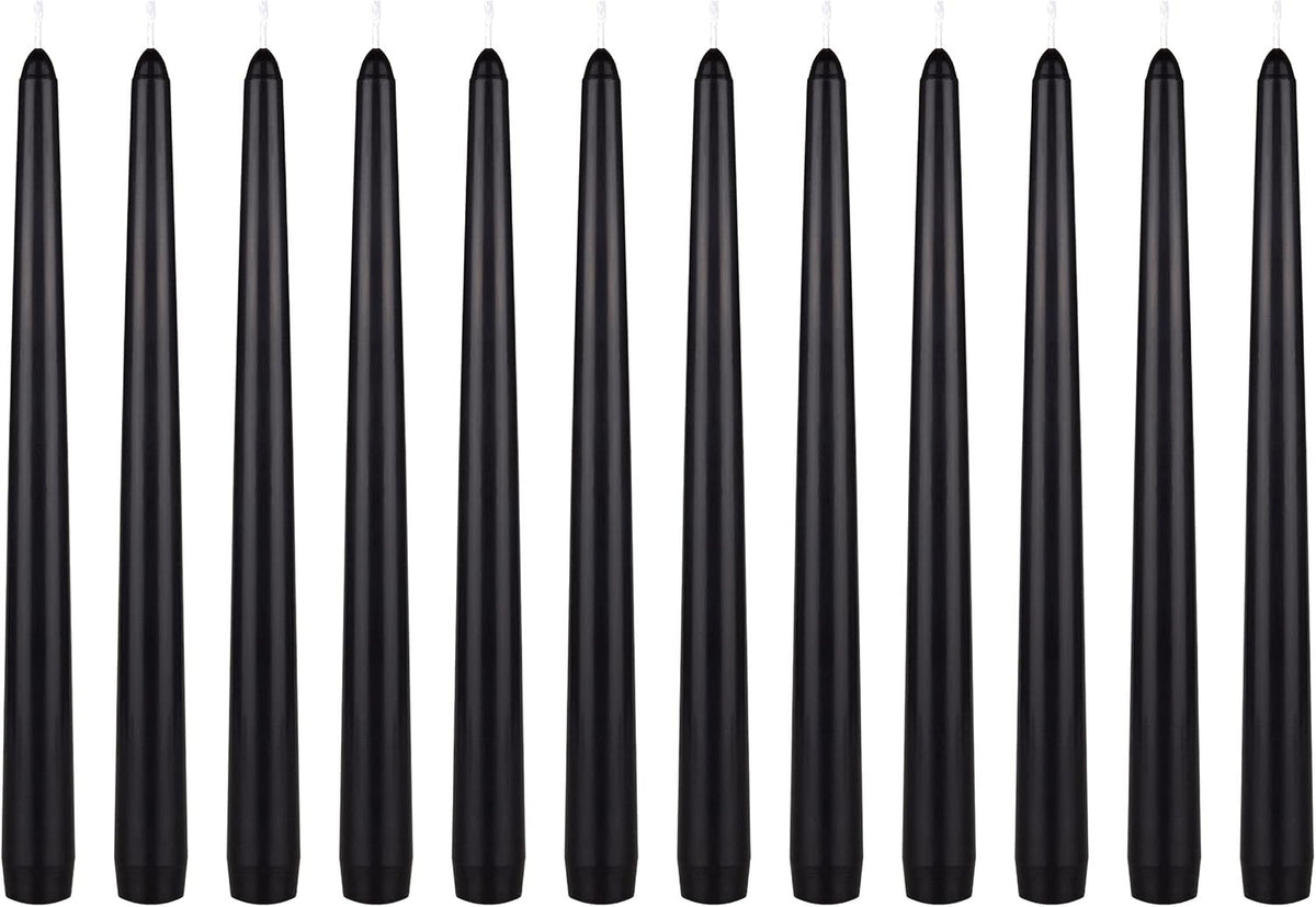 Mega Candles 12 pcs Unscented Black Taper Candles, Hand Poured Wax Candle 10 Inch x 7/8 Inch, Home Décor, Wedding Receptions, Centerpieces, Occasions, Romantic Dinners, Prayer, Candle Holders
