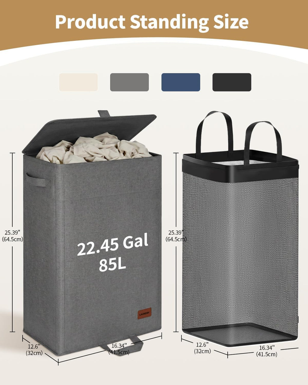 85L Laundry Hamper with Lid, Tall Dirty Clothes Hamper, Grey
