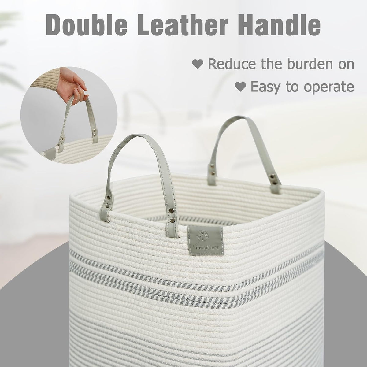 danpinera 100L Nursery Hamper, Tall Woven Laundry Basket with Long Leather Handles, Boho Laundry Hamper for Living Room & Bedroom, Eco-friendly & Convenient Decorative Storage Basket White & Gray