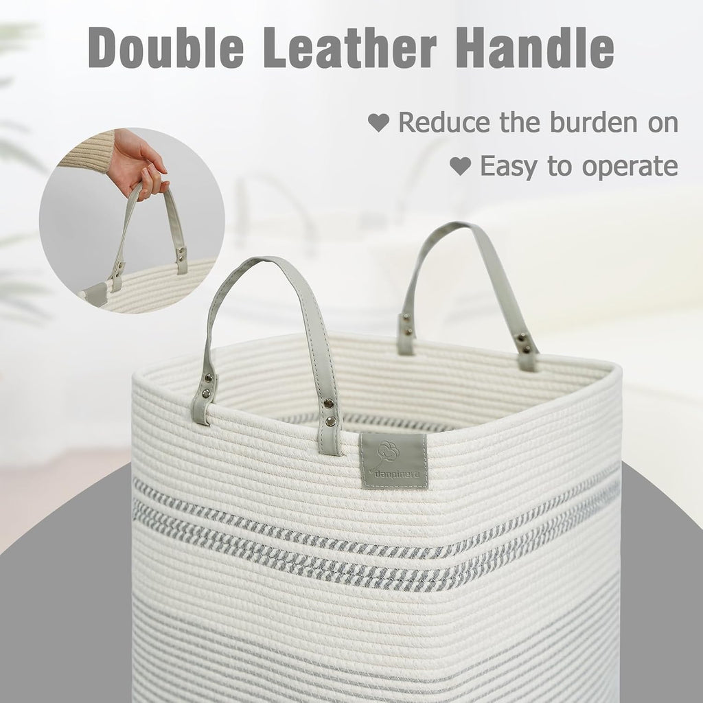danpinera 75L Woven Laundry Hamper with Long Leather Handles, Baby Laundry Basket for Nursery, Tall Hampers for Bedroom Aesthetic, Decorative Clothes Storage Basket for Family White & Gray