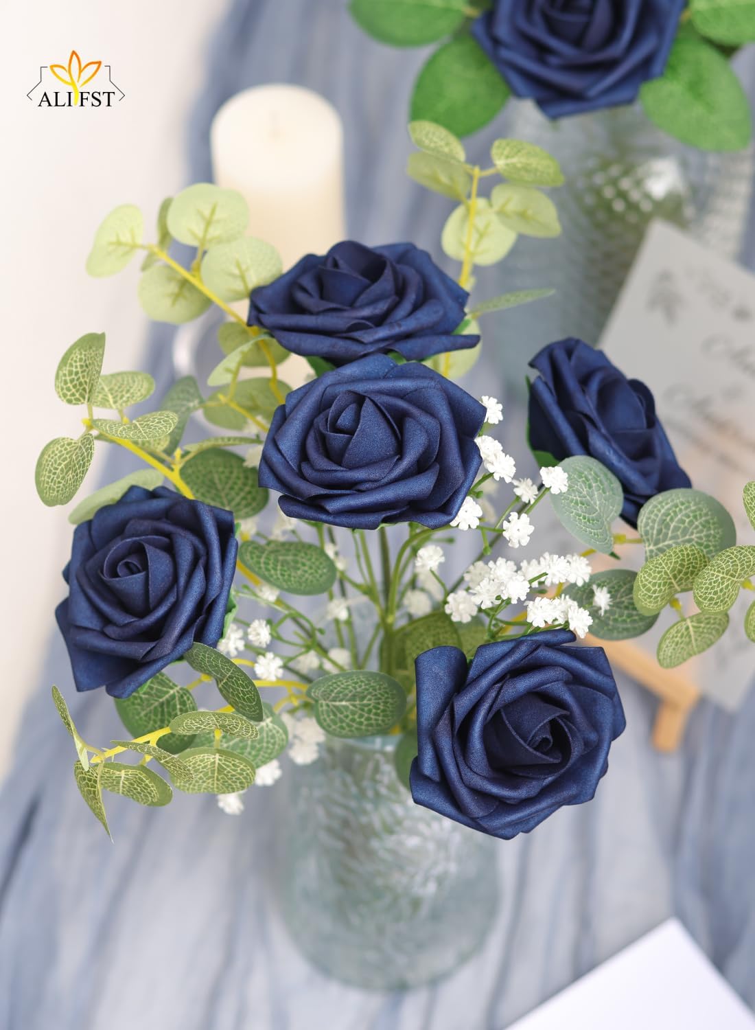 25pcs Artificial Flower，Real Touch Artificial Foam Roses Decoration DIY for Wedding Bridesmaid Bridal Bouquet Centerpieces Party - Navy Blue