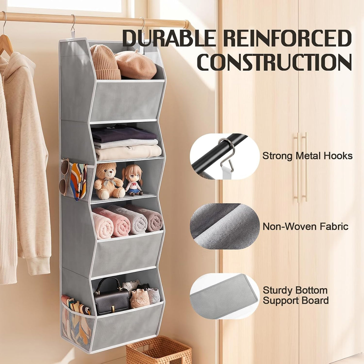 Hanging Closet Organizer with Side Pockets, 5-Shelf Foldable Closet Storage