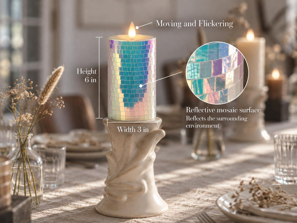 Glass Flameless Pillar Candles Flickering with Remote Timer, Battery Operated LED 3D Moving Flame Real Wax Candles,Remote Included (Rainbow Laser Mosaic)