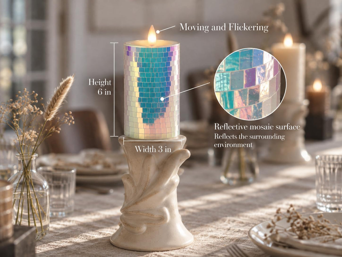 Glass Flameless Pillar Candles Flickering with Remote Timer, Battery Operated LED 3D Moving Flame Real Wax Candles,Remote Included (Rainbow Laser Mosaic)