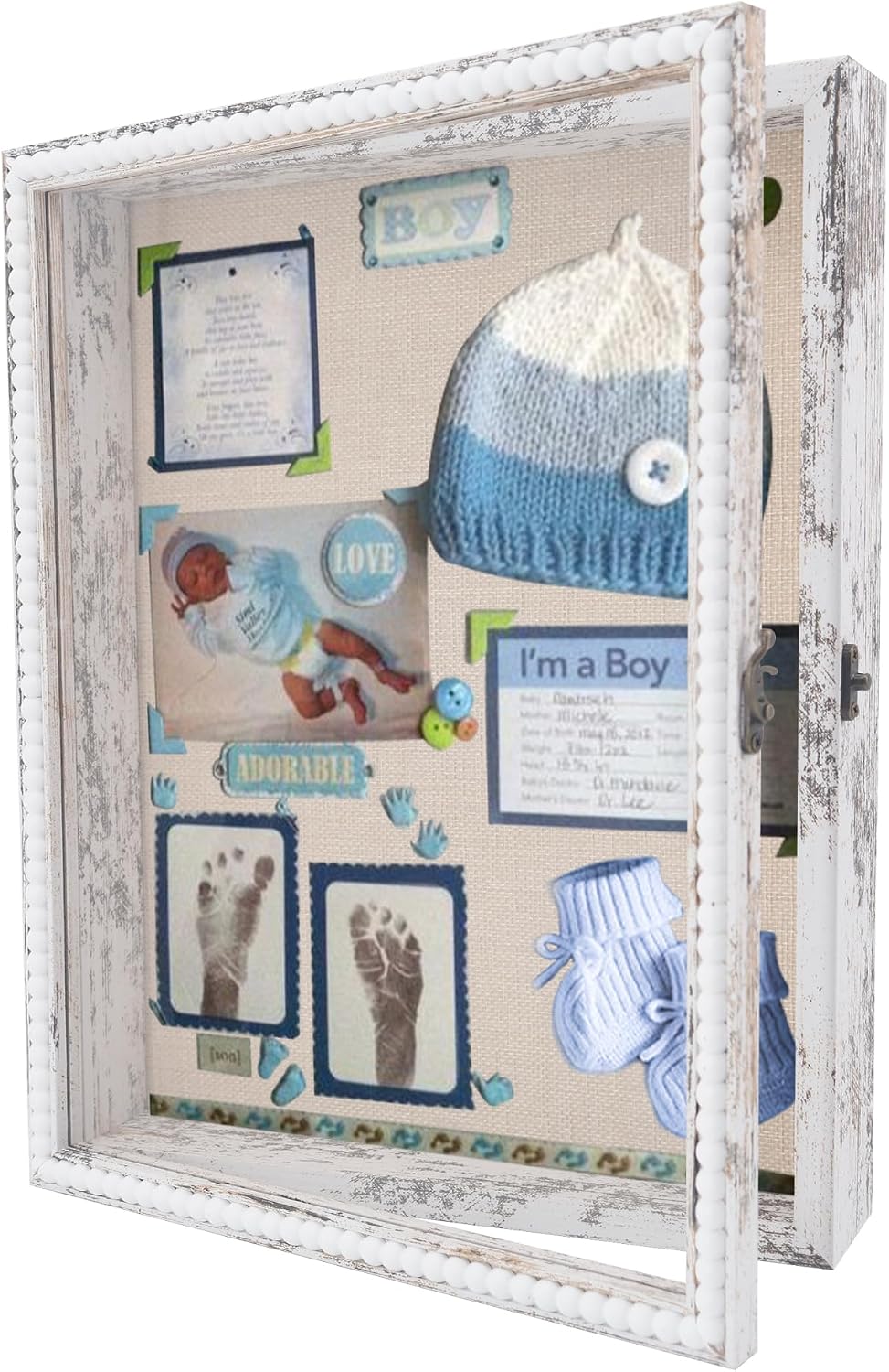 Beaded Shadow Box Frame 11x14, Rustic White Baby Keepsake Display Case