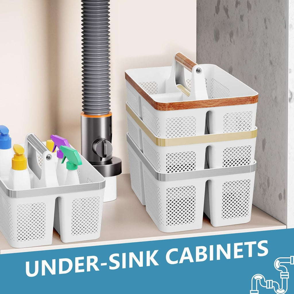 BYUNER Plastic Shower Caddy Dorm: Portable Bathroom Caddy Organizer with Handle and Holes, Cleaning Basket, Hard Shower Basket Storage Tote for Toiletry, College Dorm Room Essentials White/Silver