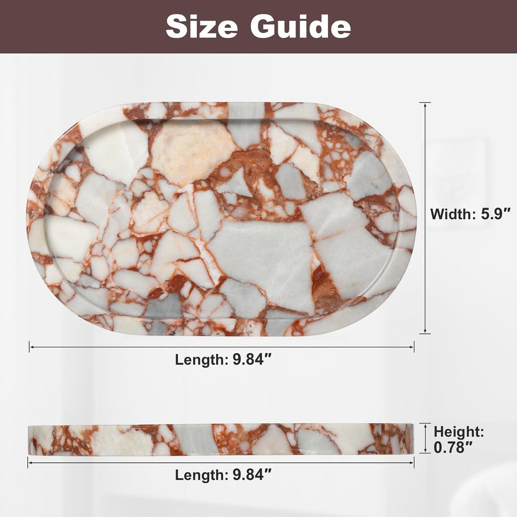 Red Marble Oval Tray 10x6 Inch - Vanity & Bathroom Organizer, Jewelry Dish, Coffee Table Decor - Natural Stone Desktop Catchall