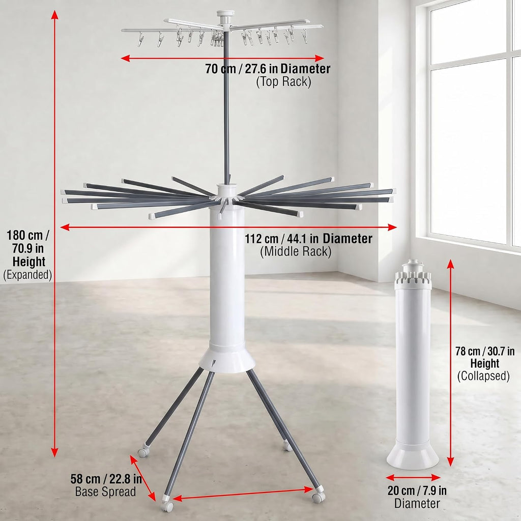 Clothes Drying Rack Foldable with Rolling Wheels, Portable Laundry Drying Rack with 16 Aluminum Arms, Stable 4-Leg Base, 360° Rotating Design for Indoor Outdoor (Double-tier without shoe rack)